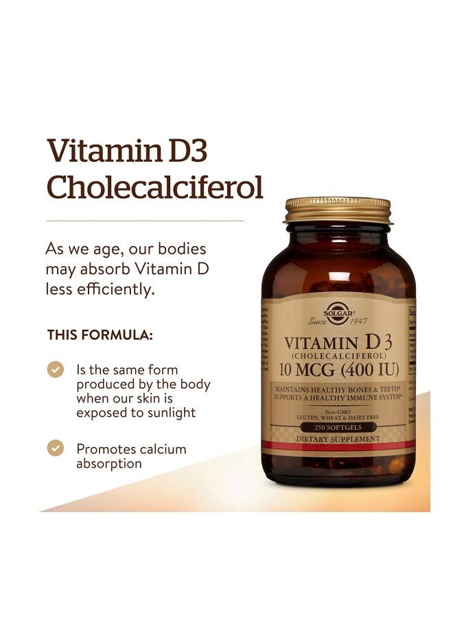 Solgar Vitamin D3 10 MCG Dietary Supplement - 250 Softgels - Image 3