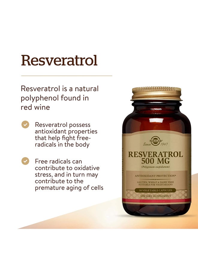 Solgar Resveratrol 500 mg Dietary Supplement- 30 Vegetables Capsules - Image 5