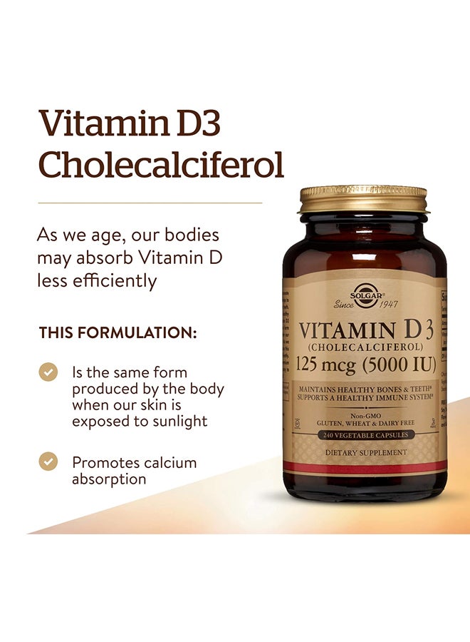 Solgar - Vitamin D3 5,000 IU Dietary Supplement - 240 Vegetable Capsules - Image 1