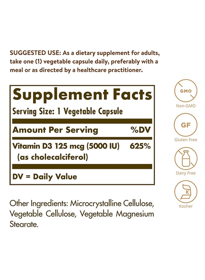 Solgar - Vitamin D3 5,000 IU Dietary Supplement - 240 Vegetable Capsules - Image 1