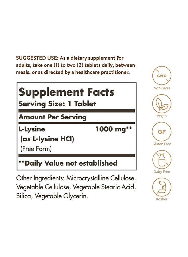 Solgar - L-Lysine 1000 MG Dietary Supplement - 100 Tablets - Image 1