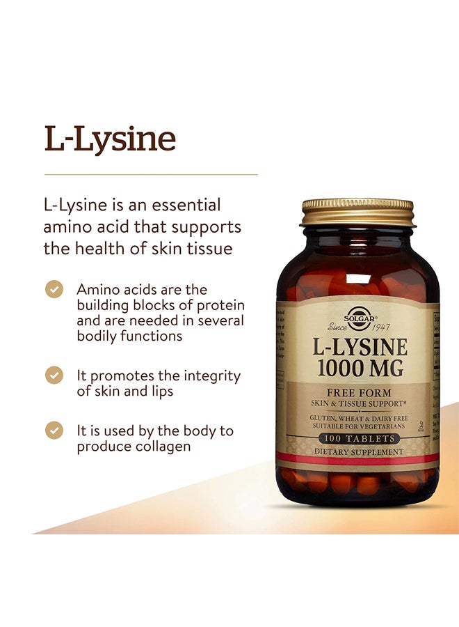 Solgar - L-Lysine 1000 MG Dietary Supplement - 100 Tablets - Image 1