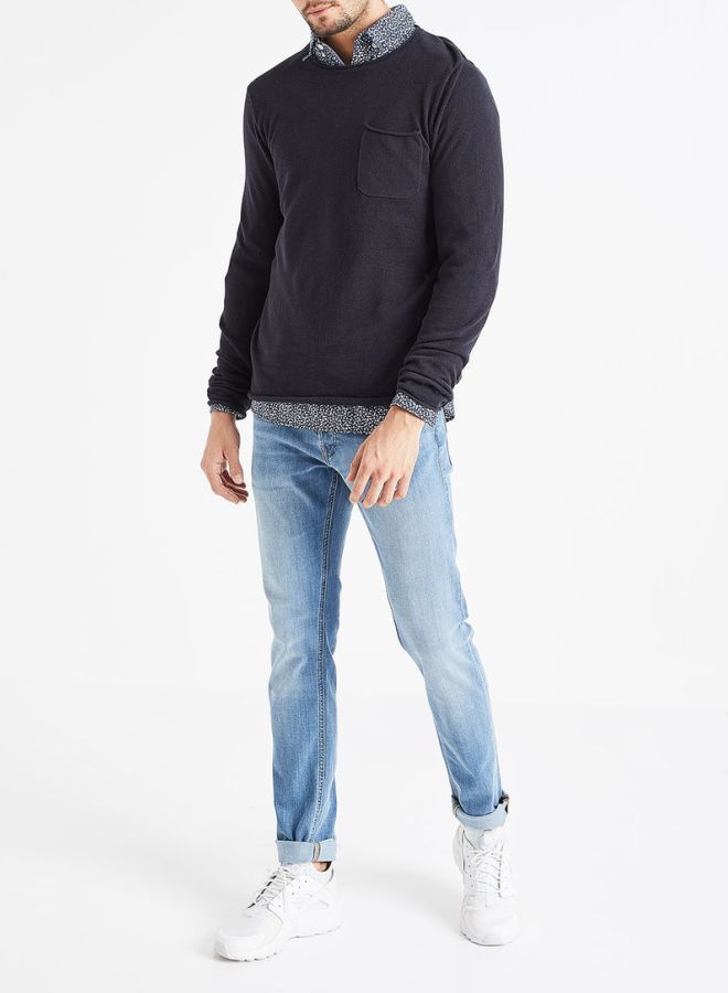 برودكت كنزة بجيب أمامي وكم طويل كحلي - Image 3