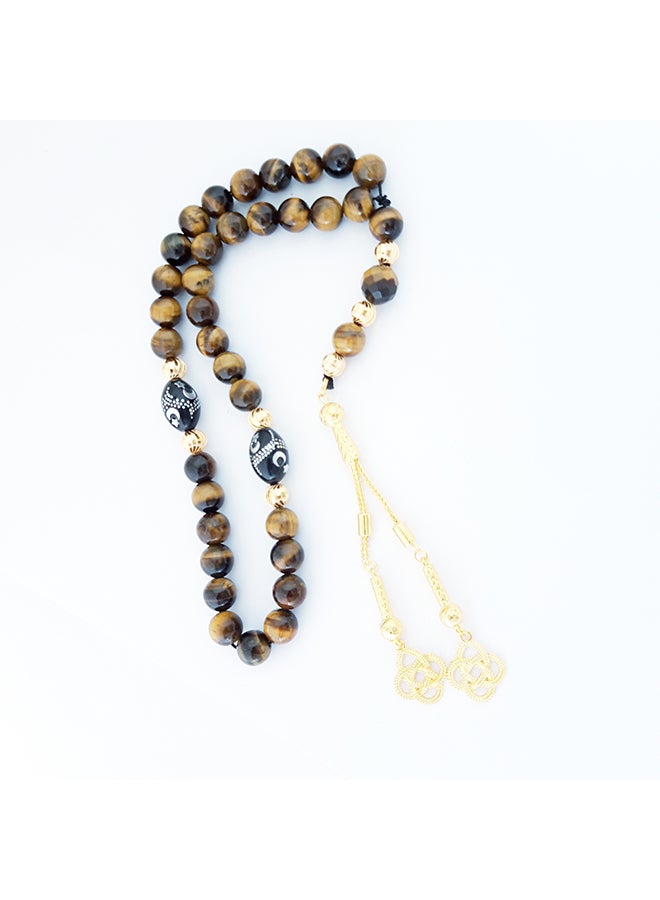 Miracle Empire Tasbih Natural Tiger Eye, Kook Moon and Stars 925 Silver, 18k Gold Plated Prayer Beads Rosary  - Image 1