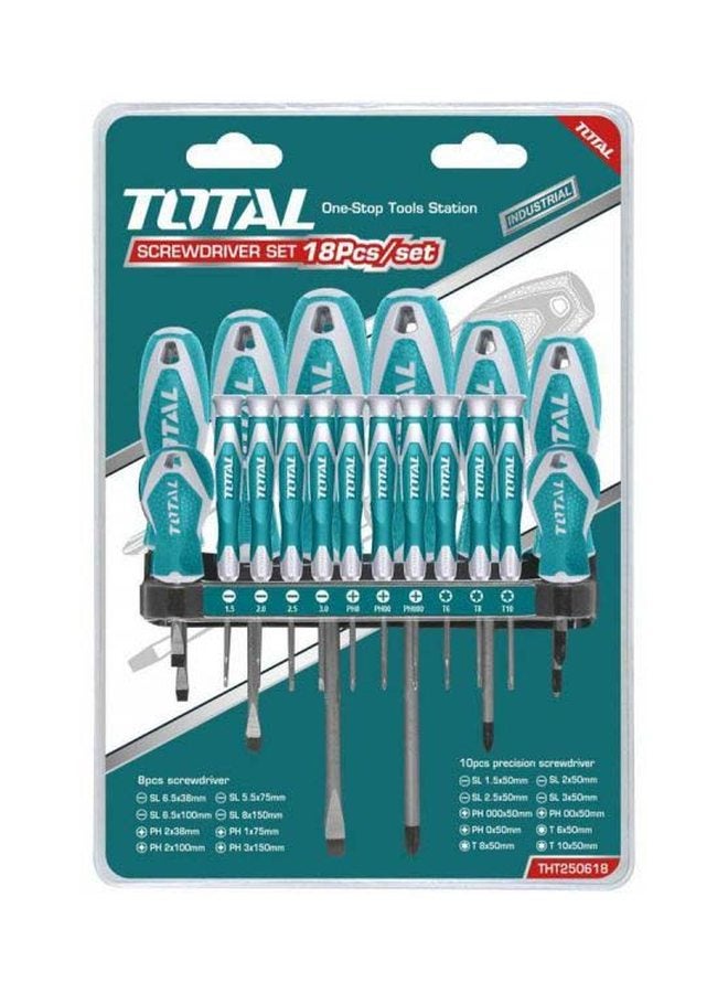 Total Tools 18-Piece Screwdriver Set Blue/Silver/Grey SL5.5x5x75, SL6.5x6x100, SL8.0x8x150, SL6.5x6x38, PH1x5x75, PH2x6x100, PH3x8x150, PH2x6x38, SL1.5x50, SL2x50, SL2.5x50, SL3x50, PH000x50, PH00x50, PH0x50, T6x50, T8x50, T10x50mm