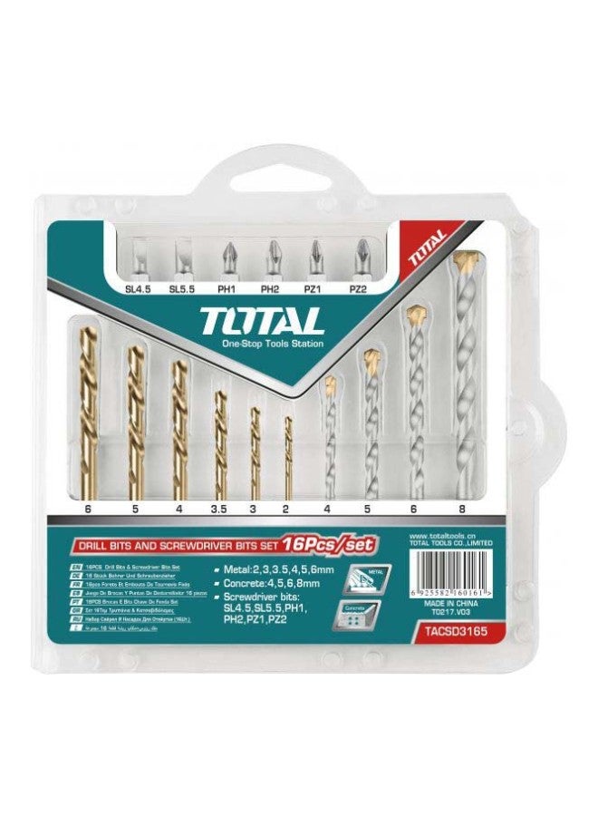 توتال تولز طقم لقم مفك براغي مكون من 16 قطعة ذهبي/فضي 6x Twist Drill Bit 2,3,3.5,4,5,6, 4x Masonry Drill Bit 4,5,6,8, Screwdriver Bit 6x (25) SL4.5, SL5.5, PH1, PH2, PZ1, PZ2مم 