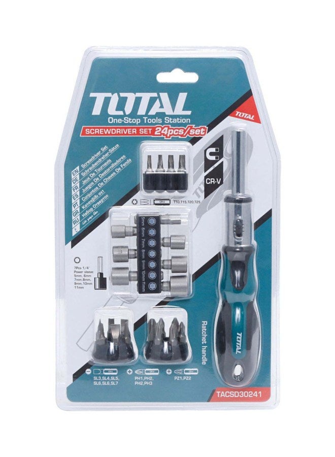 TOTAL 24-Piece Screwdriver Set Black/Silver/Blue Screwdriver Bit 16x (6.35x25 mm), SL3, SL4, SL5, SL6, SL6, SL7, PH1, PH2, PH2, PH3, PZ1, PZ2, T10, T15, T20, T25, Power Sleeves 7x (0.25) inch,  5 mm, 6 mm, 7 mm, 8 mm, 9 mm, 10 mm, 11 mm