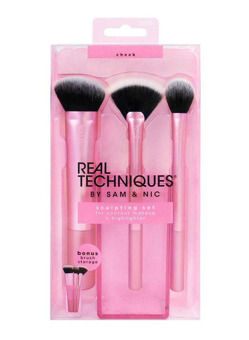 REAL TECHNIQUES 3-Piece Face Makeup Brush Set With Holder Pink/Black/White - Image 2
