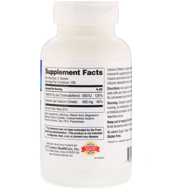 21st Century Calcium Citrate Petites + D3 Dietary Supplement- 200 Coated Tablets  - Image 2