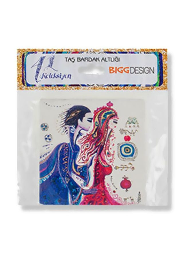 Biggdesign - Hittite Bride Themed Limbra Natural Stone Coaster White/Blue/Red 10x10cm - Image 1