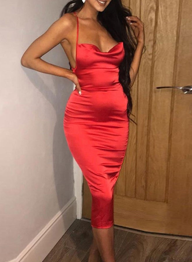 Backless Slash Neck Bodycon Dress Red  - Image 5