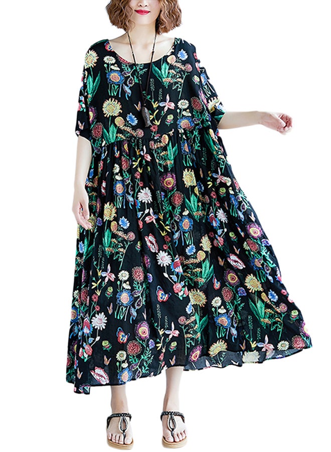 Floral Print Pleated Dress Green  - Image 1