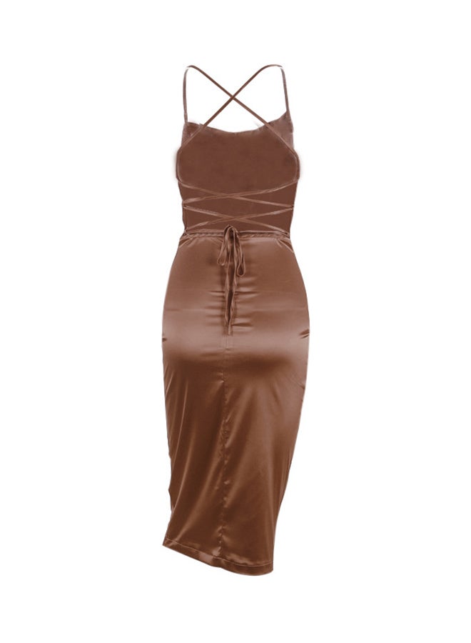 Backless Slash Neck Bodycon Dress Brown - Image 2