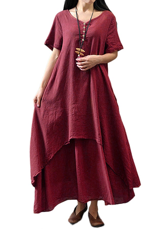Solid Loose-Fit Flared Dress Burgundy - Image 1