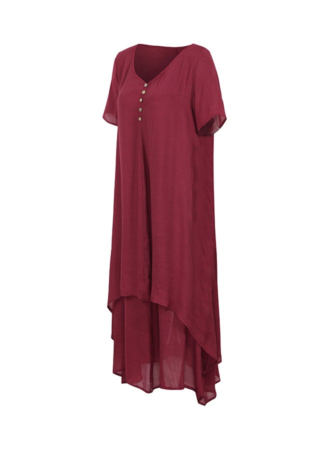 Solid Loose-Fit Flared Dress Burgundy - Image 3