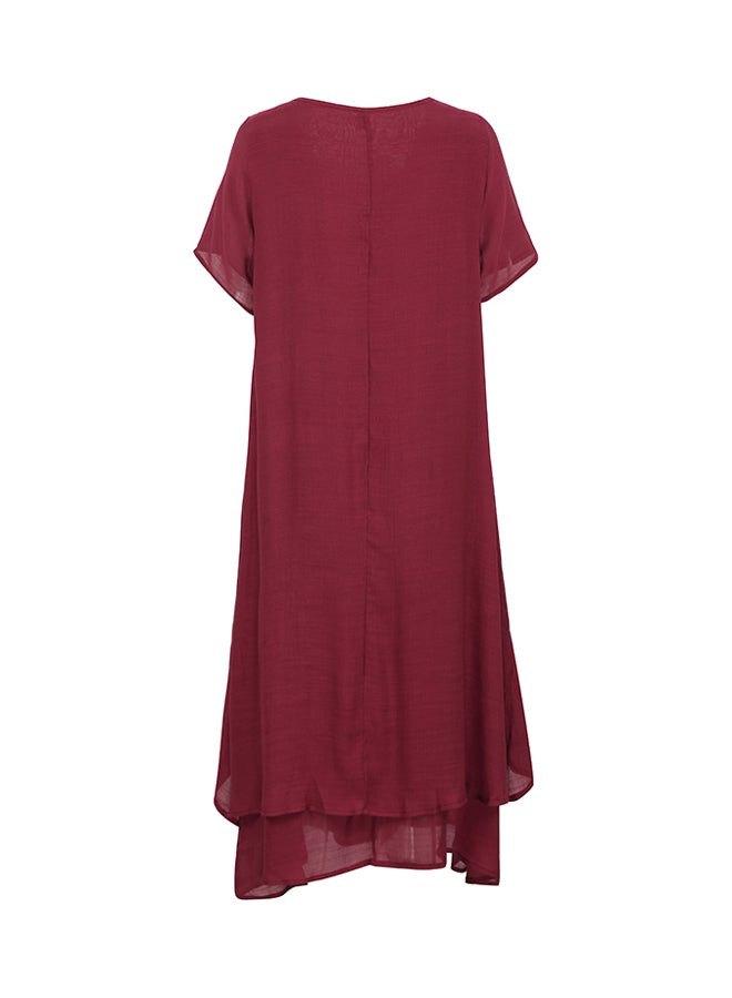 Solid Loose-Fit Flared Dress Burgundy - Image 2