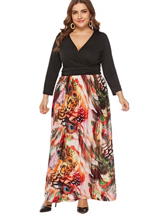 Peacock Feather Print Overlap Neck Dress Black - v1596207628/N38640466V_1