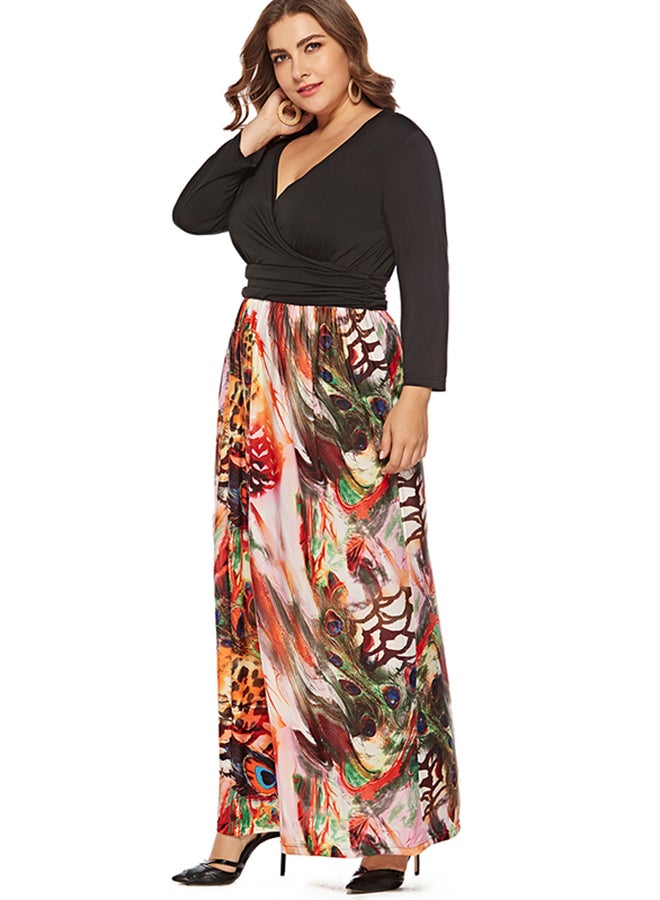 Peacock Feather Print Overlap Neck Dress Black