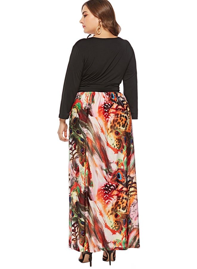 Peacock Feather Print Overlap Neck Dress Black