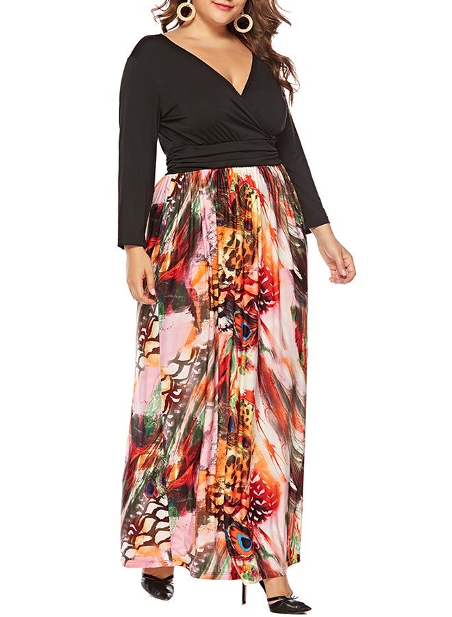 Peacock Feather Print Overlap Neck Dress Black