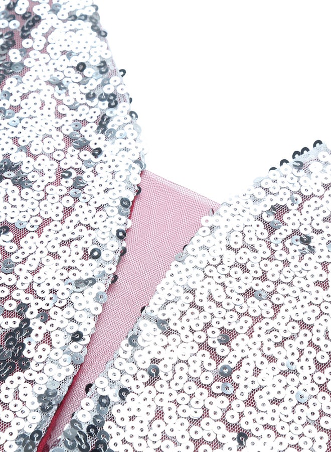 فستان طويل بفتحة رقبة على شكل حرف V مزين بالترتر عنّابي/ ذهبي - Image 4