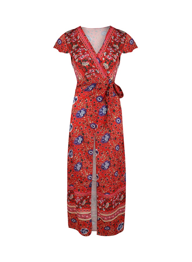 Floral Print Wrap Around Dress Red - Image 1