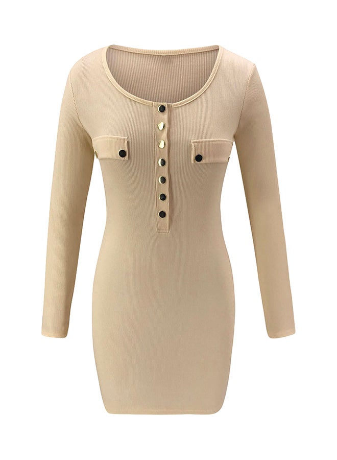Ribbed Snap Button Front Bodycon Dress Khaki - Image 4