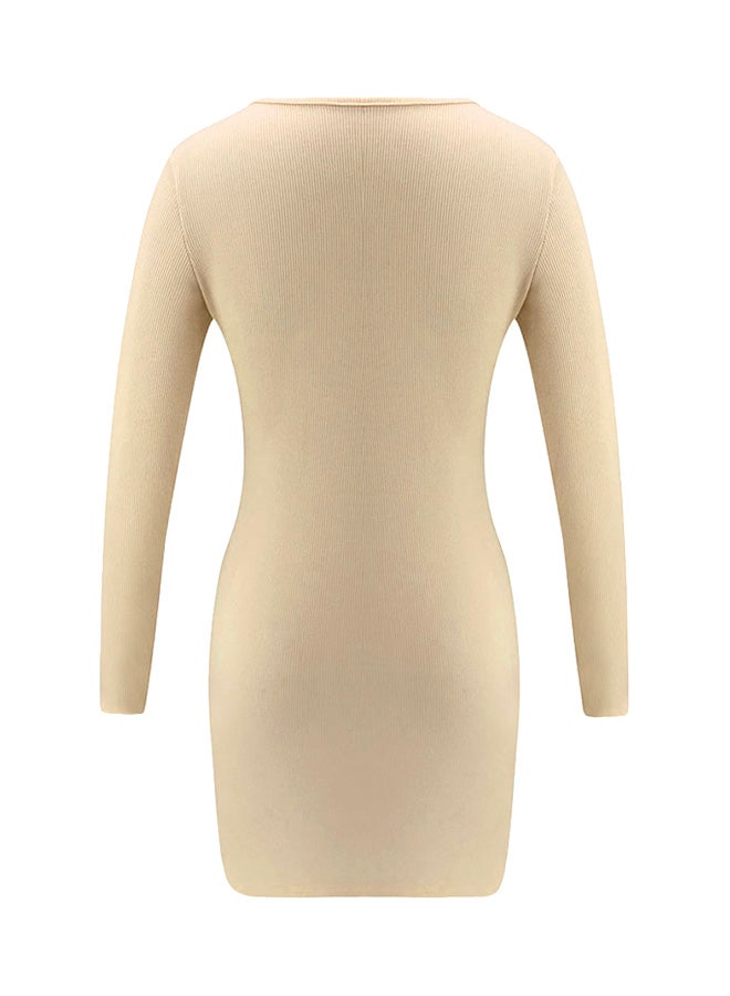 Ribbed Snap Button Front Bodycon Dress Khaki - Image 5