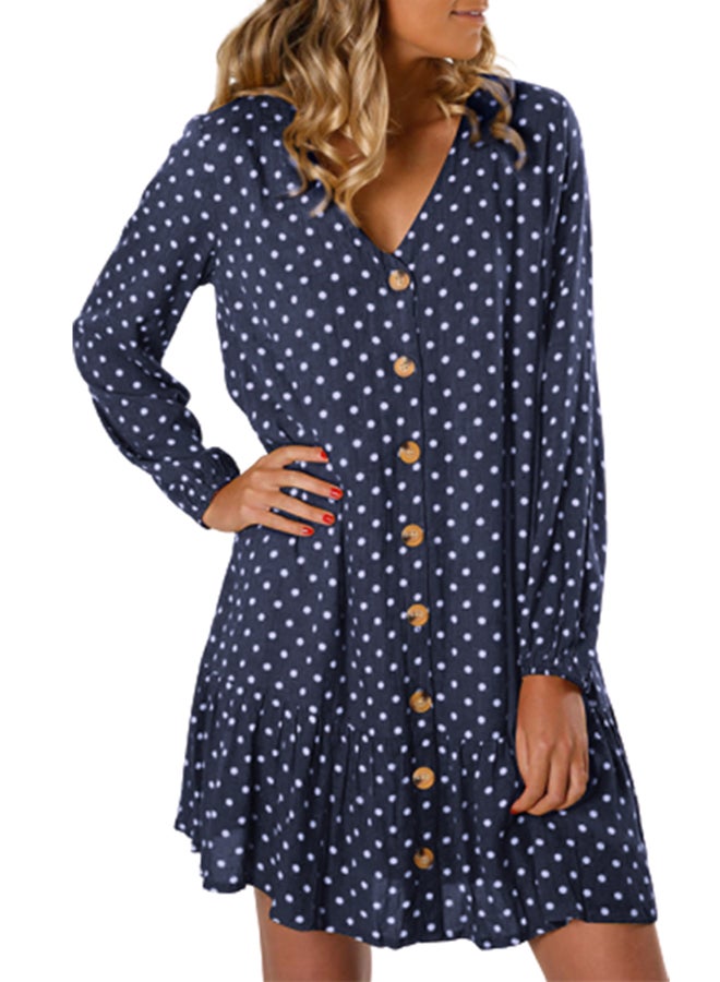 Polka Dot Button Down Ruffle Dress Dark blue - Image 1