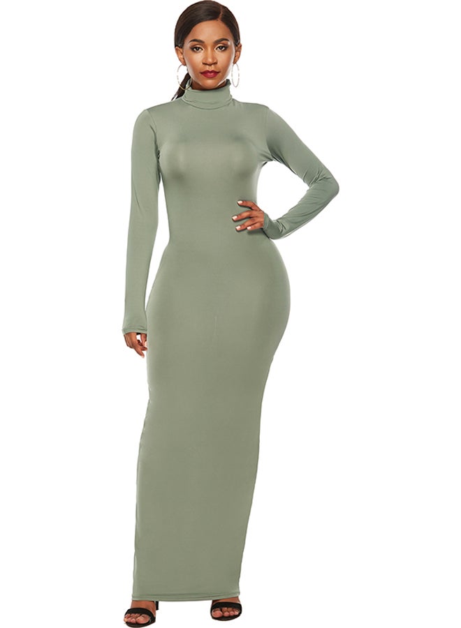 Solid High Neck Bandage Dress Green  - Image 1