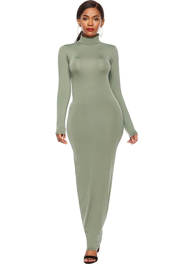 Solid High Neck Bandage Dress Green  - Image 3