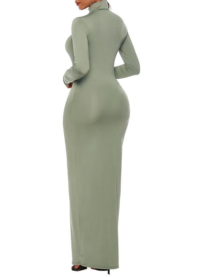 Solid High Neck Bandage Dress Green  - Image 2
