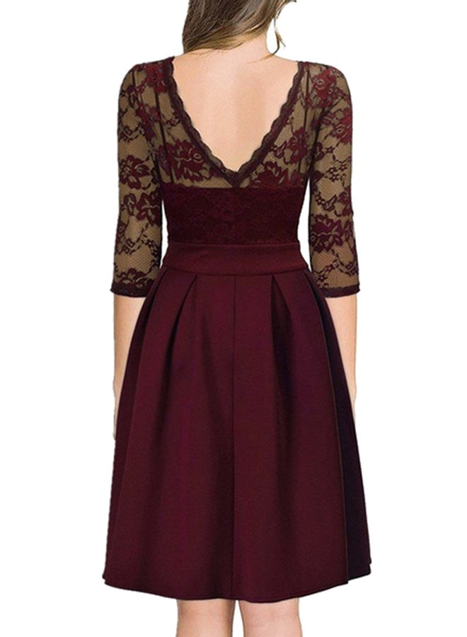 Lace Panel Pleated Dress Burgundy - Image 2