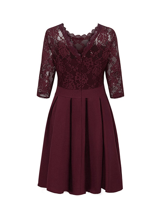 Lace Panel Pleated Dress Burgundy - Image 3