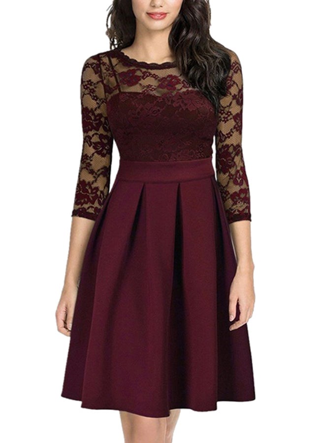 Lace Panel Pleated Dress Burgundy - Image 1
