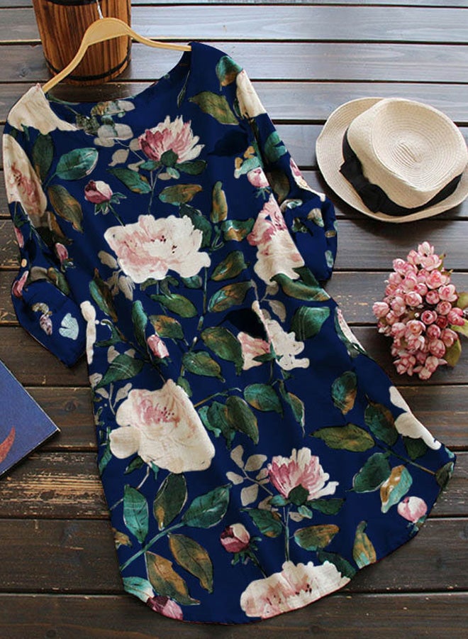 Floral Roll Up Sleeve Dress Blue - Image 2
