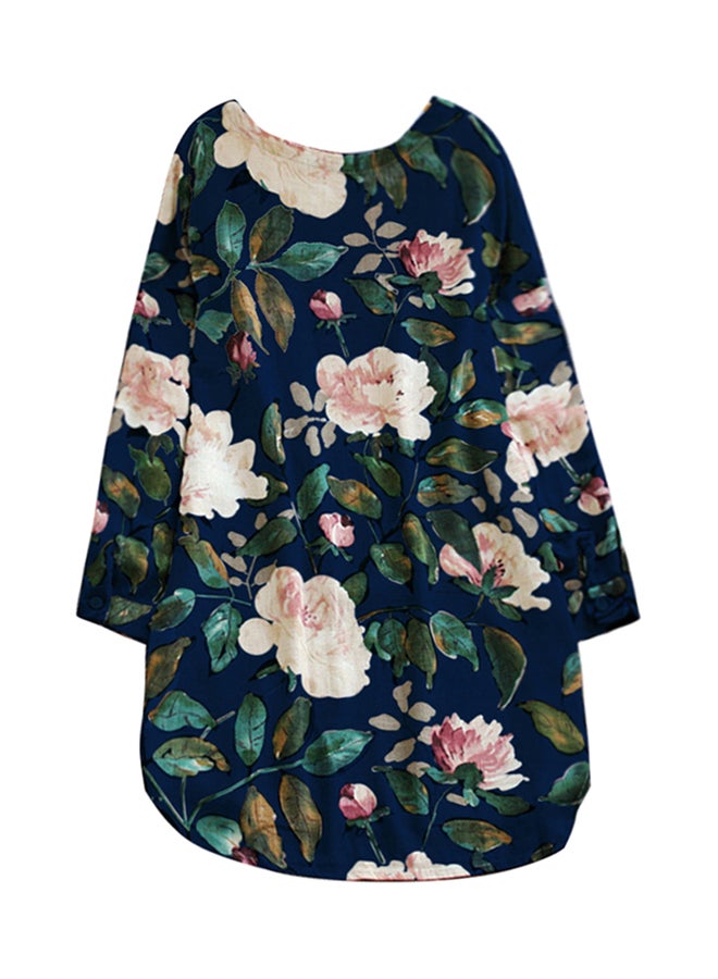Floral Roll Up Sleeve Dress Blue - Image 1