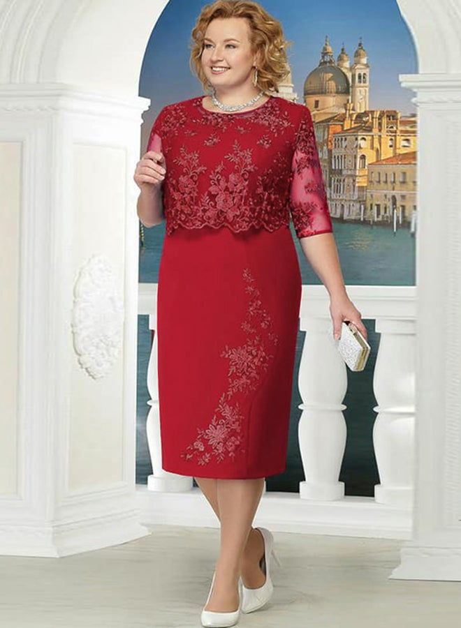 Floral Lace Pencil Dress Red - Image 3