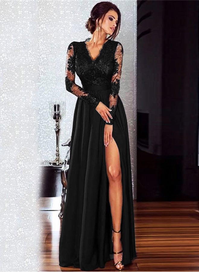 Lace Insert Front Slit Dress Black