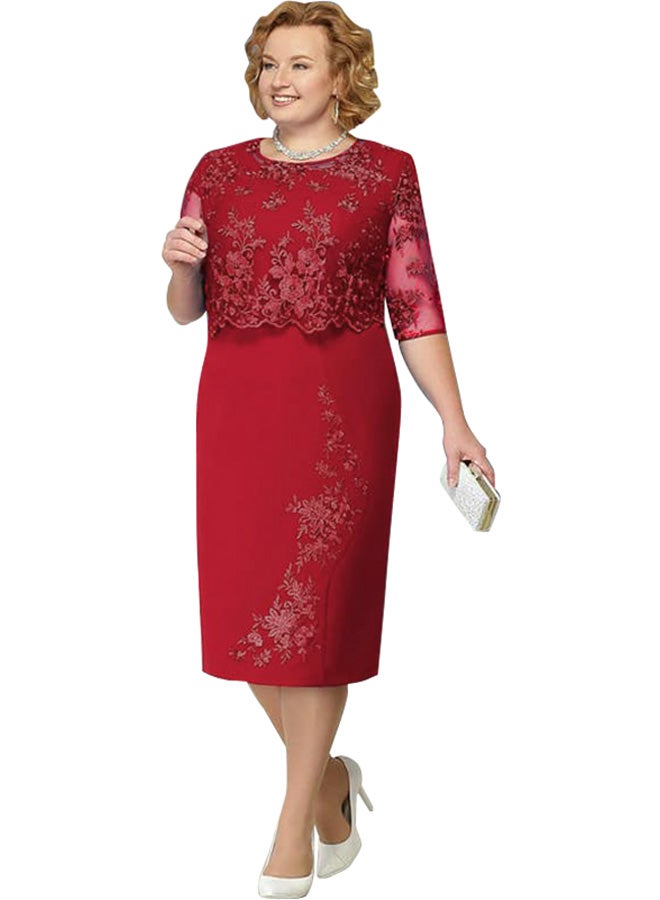 Floral Lace Pencil Dress Red - Image 1