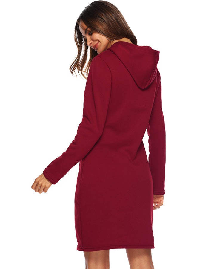 Hooded Neck Fitted Dress Burgundy  - Image 2