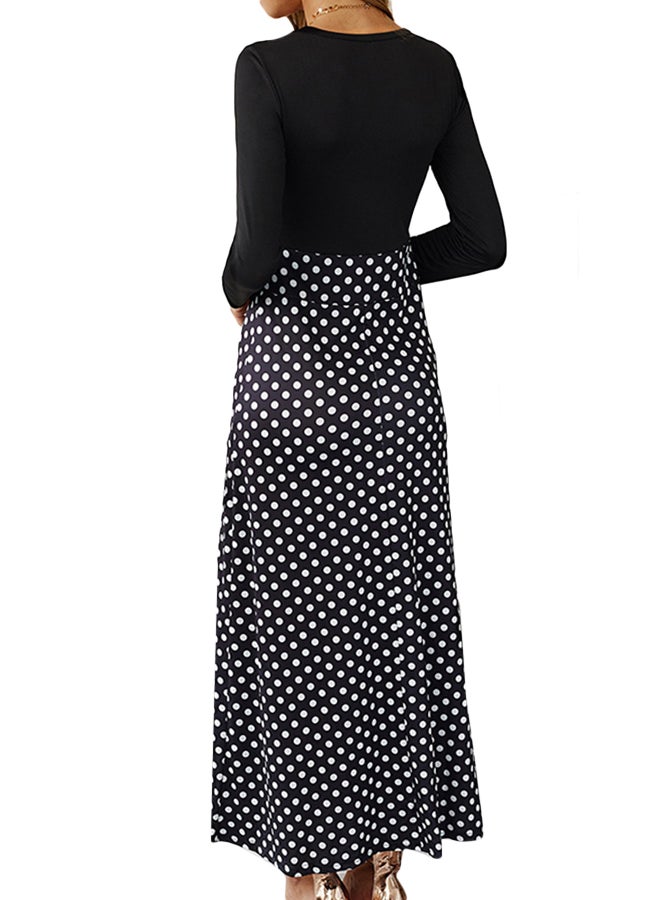 Polka Dot Waist Accentuated Dress Black/White/Blue - Image 2