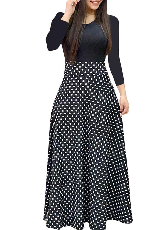 Polka Dot Waist Accentuated Dress Black/White/Blue - Image 1