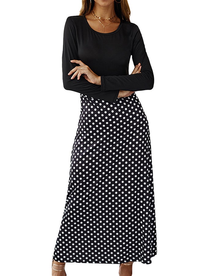 Polka Dot Waist Accentuated Dress Black/White/Blue - Image 3