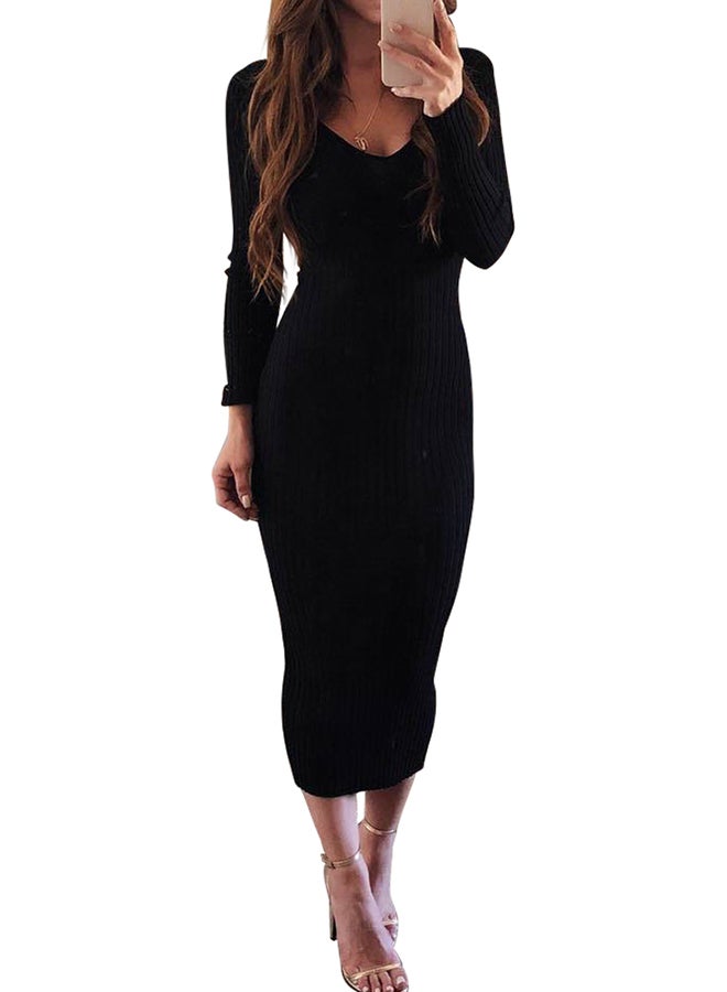 Ribbed Bodycon Dress Black - Image 1