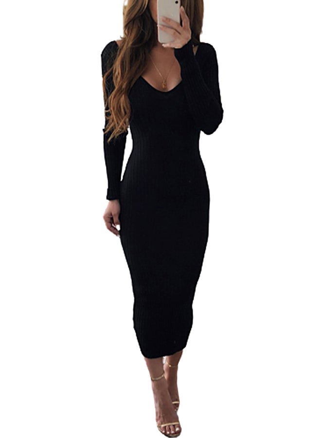 Ribbed Bodycon Dress Black - Image 3