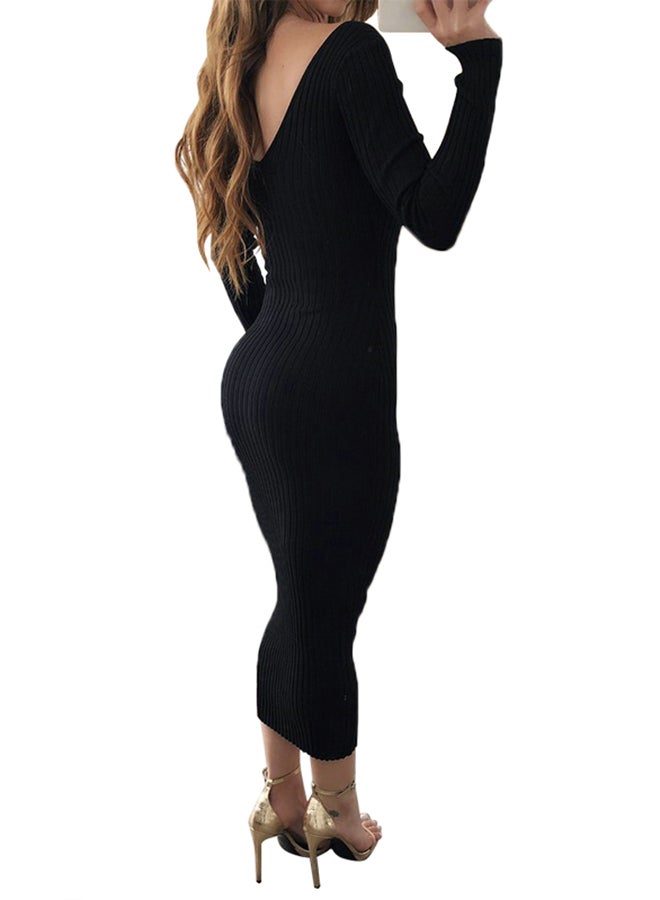 Ribbed Bodycon Dress Black - Image 2