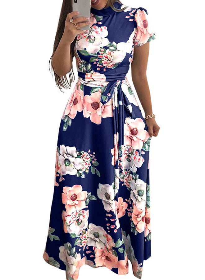 Floral Waist Belt Dress Dark Blue  - Image 1