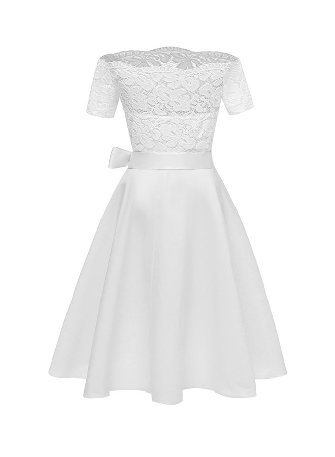 Lace Insert Off Shoulder Hem Dress White - Image 2