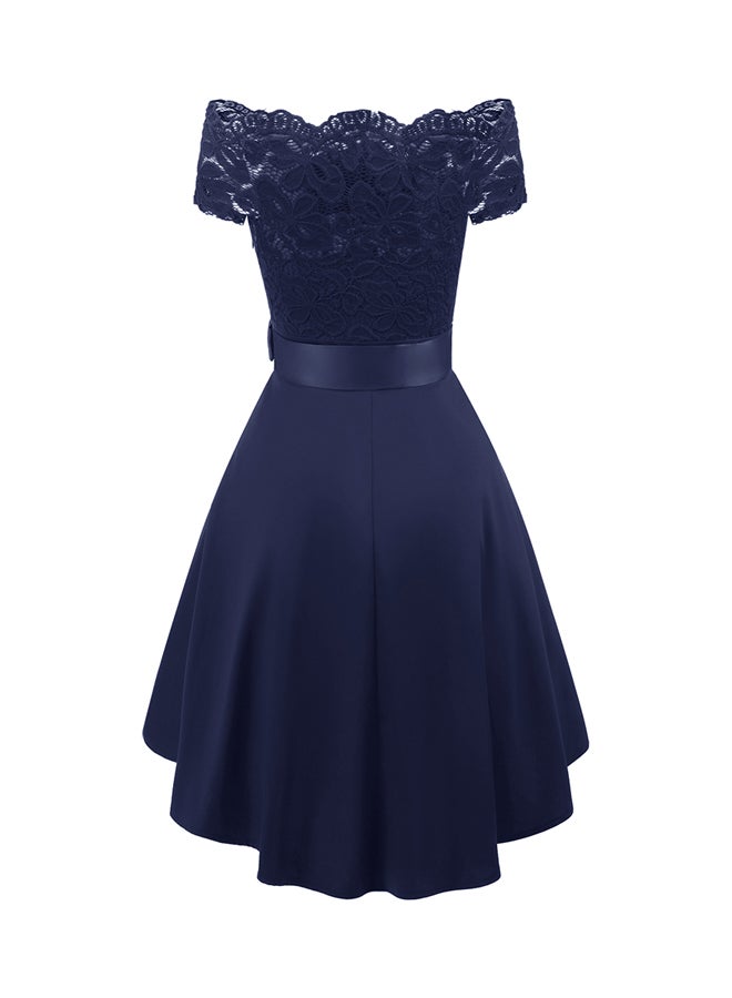 Lace Insert Off Shoulder Hem Dress Dark Blue - Image 2